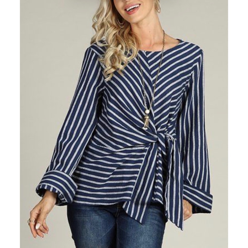 SUZANNE BETRO Blouse Women Medium Navy Blue‎ Striped Tie Front Long Sleeves